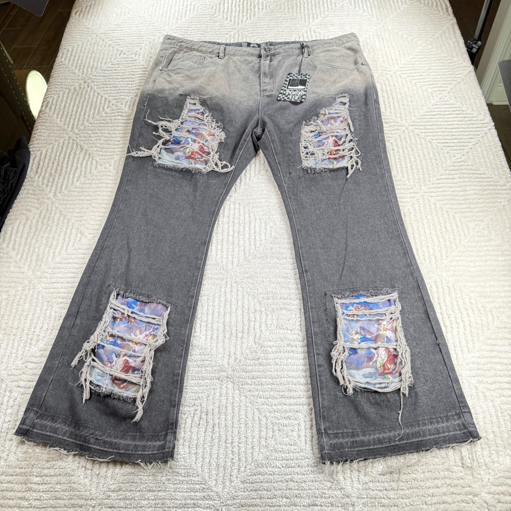 Rebel Vengeance Stacked Jeans Men 
44x34 Grey Distressed Wide Leg Baggy Y2K